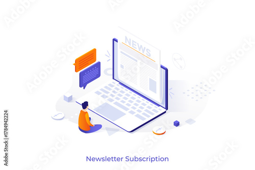Conceptual template with person sitting in front of laptop computer and reading newspaper on screen. Scene for subscription to newsletter or news via email. Modern isometric vector illustration.