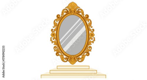 an ornate golden mirror with intricate designs reflecting light