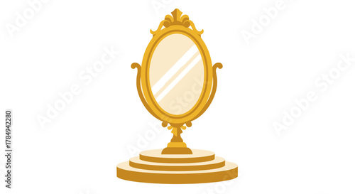 a vintage golden mirror with ornate frame standing on pedestal