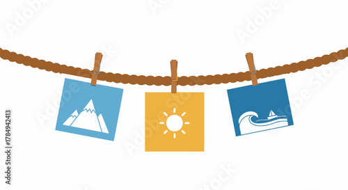 photos hanging on rope showing mountain sun beach scenes