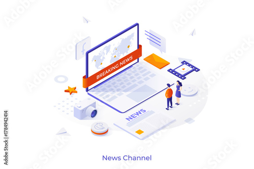 Conceptual template with man and woman standing in front of laptop computer and looking at screen. Scene for subscription to news channel, broadcasting. Isometric vector illustration for website.