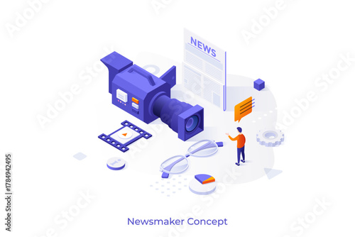 Conceptual template with man and video camera, newspaper, glasses. Scene for newsmaker, breaking news reporter, newscaster, television reporting. Modern isometric vector illustration for webpage.
