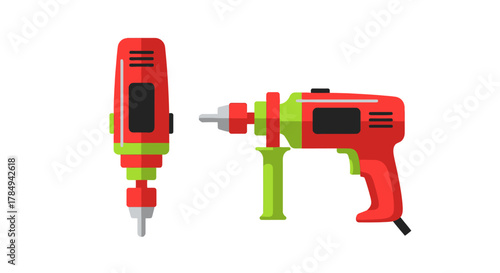 a red and green power drill alongside a matching screwdriver tool set