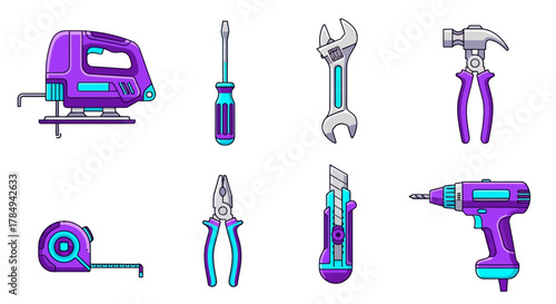 a collection of colorful tools arranged neatly in rows