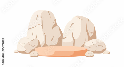 Minimalist cartoon podium surrounded by beige rocks and boulders, perfect for product showcases or award presentations. Clean flat design with soft shadows. Ideal for e-commerce, marketing campaigns.