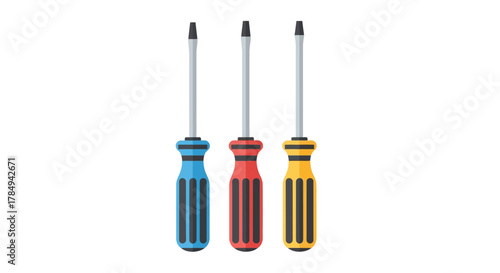three screwdrivers with colorful handles arranged vertically