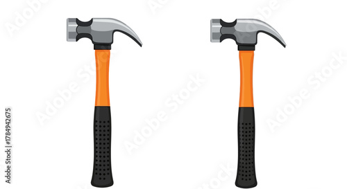 two hammers with orange black handles and metallic heads side by side
