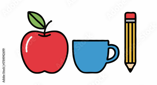 Simple, colorful line icons of an apple, a blue mug, and a pencil, representing education, health, or daily routine. Bold outlines and flat colors make them versatile for websites, apps.