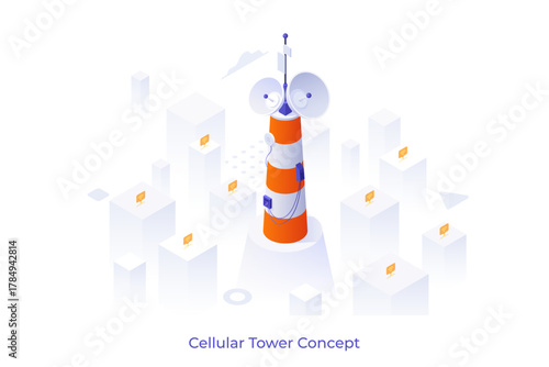 Conceptual template with cell site or antenna and wi-fi signals indication. Scene for work of cellular tower, internet access, mobile technology. Modern isometric vector illustration for webpage.