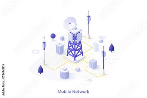 Conceptual template with cell tower with antenna and city buildings on street. Scene mobile wireless network, wifi technology, public internet access. Isometric vector illustration for website.