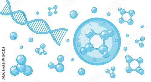 Abstract vector illustration of DNA double helix and molecular structures floating in a clear blue liquid. Clean, scientific aesthetic ideal for biotechnology, genetics, chemistry.
