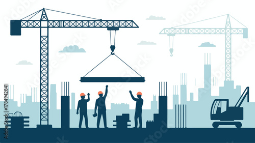 Construction site with cranes workers and building silhouettes