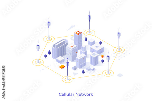 Conceptual template with cell towers surrounding city buildings. Scene for cellular network, public internet access, mobile wireless technology. Modern isometric vector illustration for webpage.