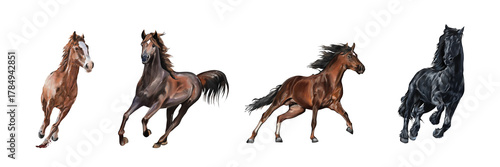 Running horses showing motion and strength, elegant wild animal digital illustration.
