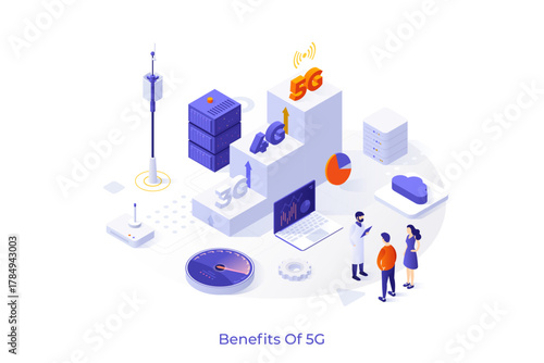 Conceptual template with man touching smartphone screen glowing in darkness. Scene for work of 5G telecommunication or mobile technology standard. Modern isometric vector illustration for website.