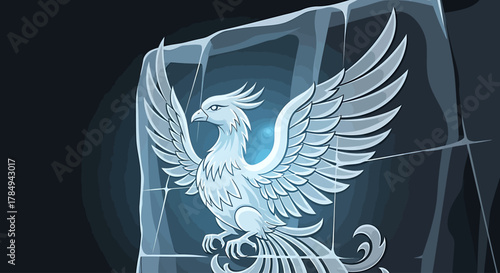 An exquisite flat design illustration focusing on the intricate details of an ice carving depicting a majestic phoenix at the Harbin Ice Festival