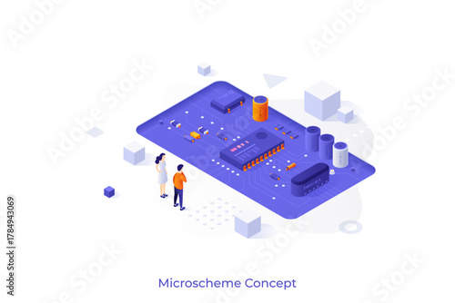 Conceptual template with people looking at integrated circuit. Scene for semiconductor microchip or microcircuit technology, computer hardware. Modern isometric vector illustration for website.
