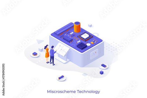 Conceptual template with people standing at control panel and creating integrated circuit. Scene for semiconductor microchip production, microcircuit manufacturing. Isometric vector illustration.
