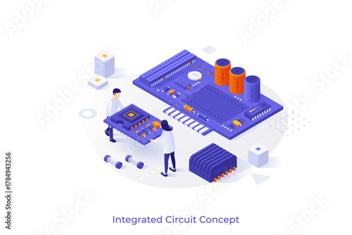 Conceptual template with man and woman carrying microprocessor to put it on motherboard. Scene for creation of integrated circuit or microchip. Modern isometric vector illustration for webpage.