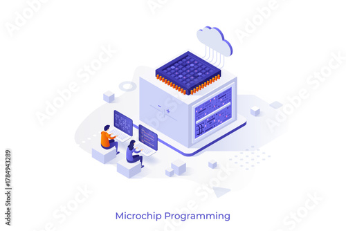 Conceptual template with people working on computers connected to integrated circuit and cloud. Scene for microchip programming, microcontroller software development. Isometric vector illustration.