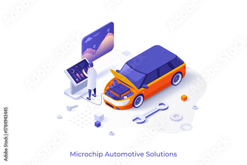 Conceptual template with man using control panel connected to microchip inside automobile. Scene for integrated circuits for automotive industry. Modern isometric vector illustration for website.