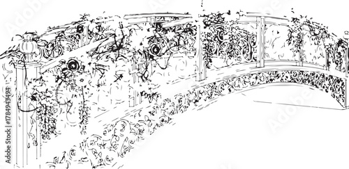 Ornate Garden Bridge with Flowing Vines and Floral Decorations Line Art