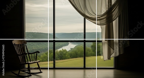 Invite tranquility with a rocking chair overlooking lush valley views, framed by elegant curtains and sunlight streaming through a large window