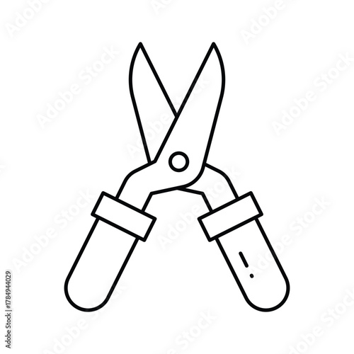 Lineart shows open gardening shears with blades apart and handles visible 