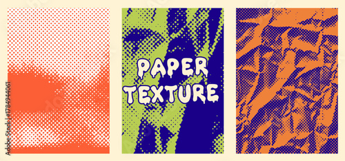 Vector illustration features bold halftone pop art Y2K textures in vibrant orange, green, and blue. Organic shapes and dots evoke a comic book feel, highlighting patterns and abstract paper surfaces.