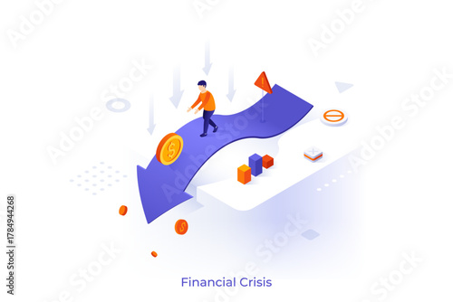 Conceptual template with person walking along arrow road leading to chasm. Scene for way to prepare to financial or economic crisis, business fail. Modern isometric vector illustration for webpage.
