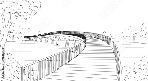 Line Art Illustration of a Scenic Arched Bridge Curving Over Water with Surrounding Nature