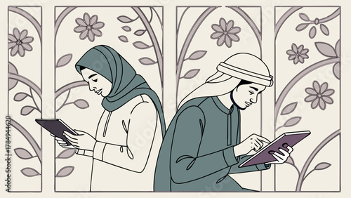 Arabian Writers Working in Floral Office Vector 