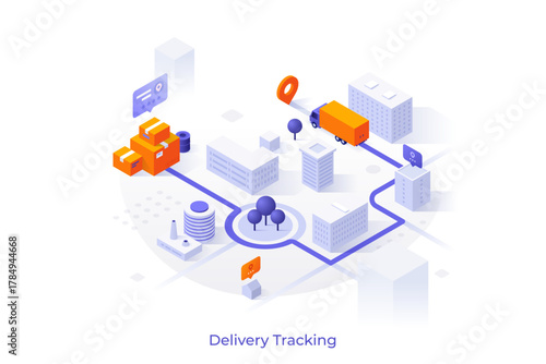 Conceptual template with boxes and truck driving to location mark on city map with buildings. Scene for parcel delivery tracking service, transportation route. Modern isometric vector illustration.