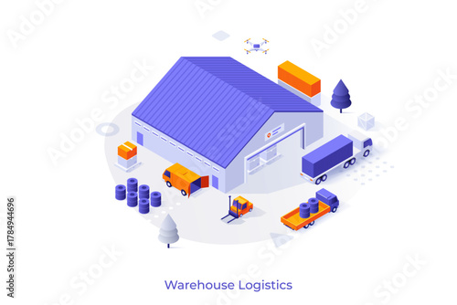Conceptual template with trucks and warehouse. Scene for cargo transportation and terminal storage, delivery of goods, freight forwarding, logistics services. Modern isometric vector illustration.