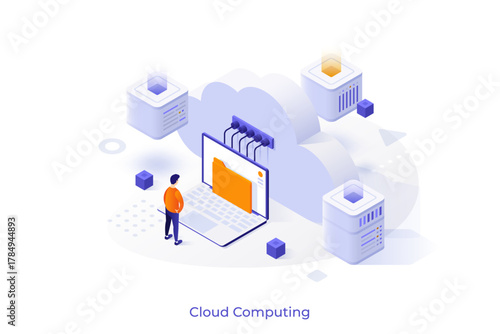 Conceptual template with person looking at document folder on laptop computer screen. Scene for cloud computing technology, online digital information storage. Modern isometric vector illustration.