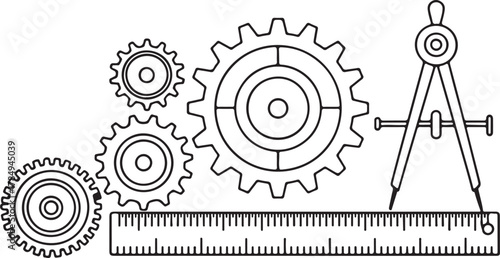 Gears ruler and compass drawing tools cogwheels mechanical