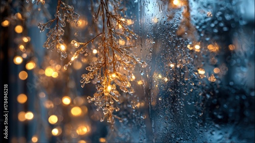 Christmas lights reflecting on icy glass window,