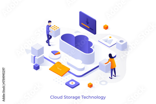 Conceptual template with people putting cubes into cloud. Scene for digital information storage technology, downloading files in internet database. Modern isometric vector illustration for webpage.