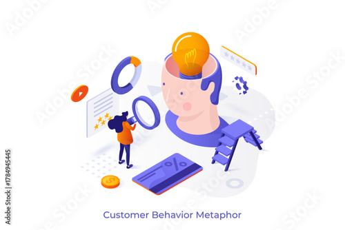 Conceptual template with woman looking at human head with lightbulb inside through magnifier. Scene for studying customer behavior, research of consumer preferences. Isometric vector illustration.