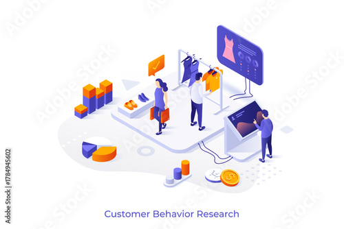 Conceptual template with researcher looking at dashboard connected to store with people buying clothes. Scene for studying customer behavior, habits and experience. Isometric vector illustration.
