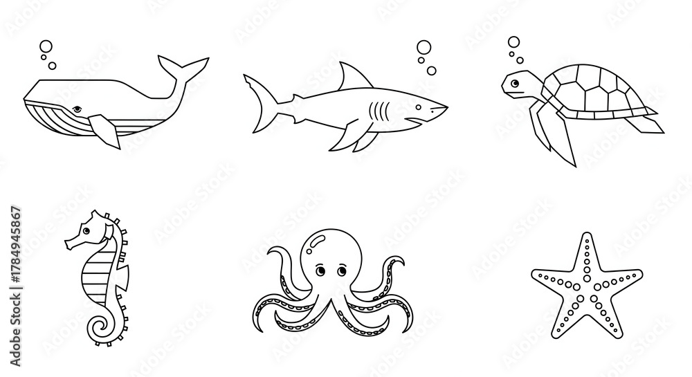 Fototapeta premium Oceanic Wonders: A captivating collection of intricately designed line art, featuring a diverse array of marine life in a monochrome palette, perfect for coloring or illustrating ocean theme projects.