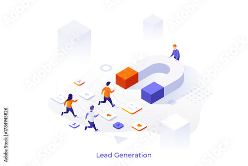 Benefits of Lead Generation isometric conceptual template. Attracting prospects to business and products process. Increase sales with advertisement illustration. Website design for apps development