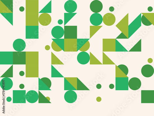 Abstract geometric pattern with circles squares and triangles in shades of green on a cream background modern design