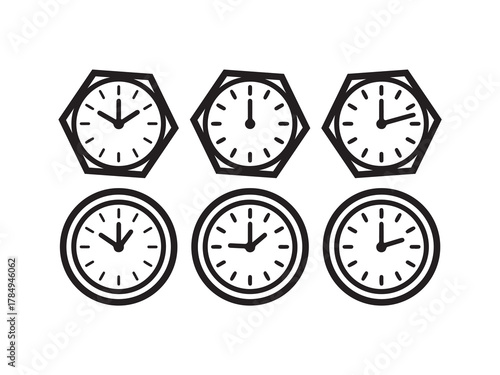 Monochrome Clock Icon Pack, Geometric Clock and Stopwatch Icons, vector illustration EPS 10.
