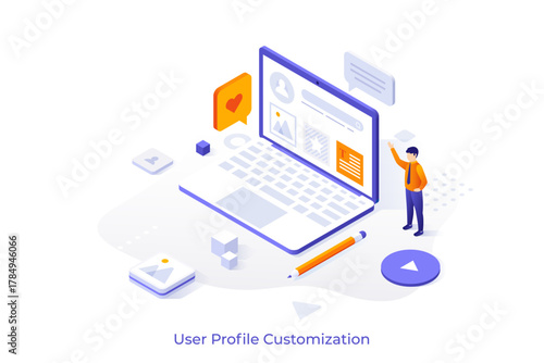 Create and Customize User Profile isometric conceptual template. Social network service on internet website design. Sign up for online medial project. 3d vector illustration for web page development