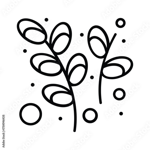Two stylized floral stems with oval shapes and scattered dots rendered in bold black outlines