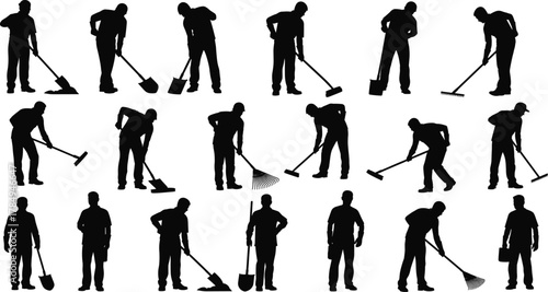 Manual labor silhouettes, workers with tools, digging, sweeping, raking, construction poses, black figures, isolated icons, physical work, vector illustration