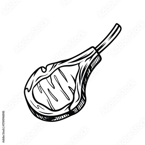 Hand drawn sketch of a grilled lamb chop with bone on white background