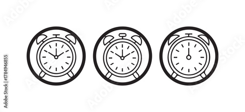 Time Management Icon Set, Vector Line Style, Clean Black-and-White Clock Icons for Apps & Web Design, vector illustration EPS 10.