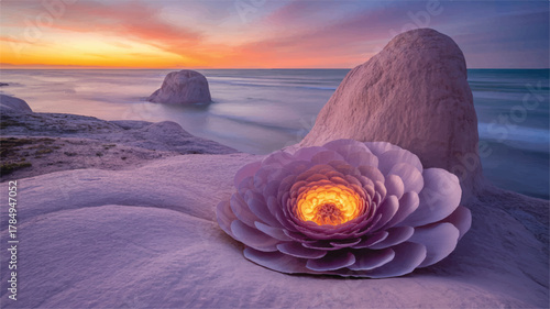 Glowing purple flower on rocky shore at sunset glowing flower